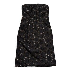 Badgley Mischka Strapless Cocktail Dress - Midi Sheath  Lace Overlay Black Sz 4